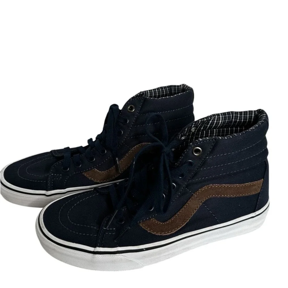 Vans Sk8 Hi Navy Brown Suede‎ Canvas High Top Skate Shoes Men 7.5 Women 9